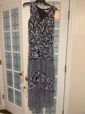 New York & Company Navy and White Sleeveless Printed Maxi Dress
